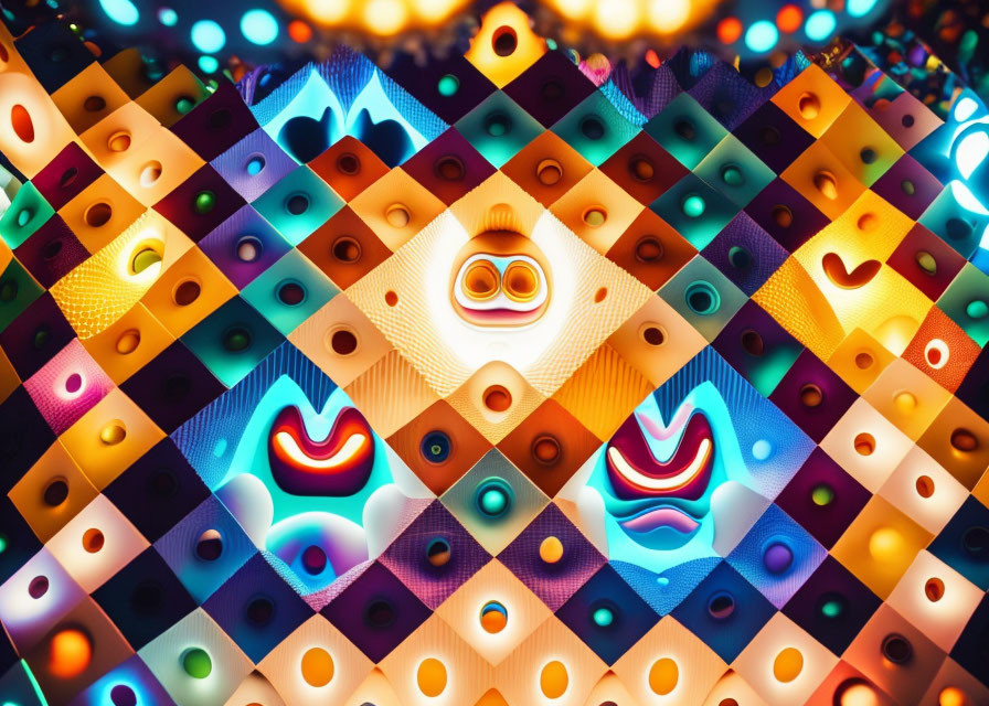 Colorful digital art: Abstract grid pattern with emoji faces and psychedelic lights