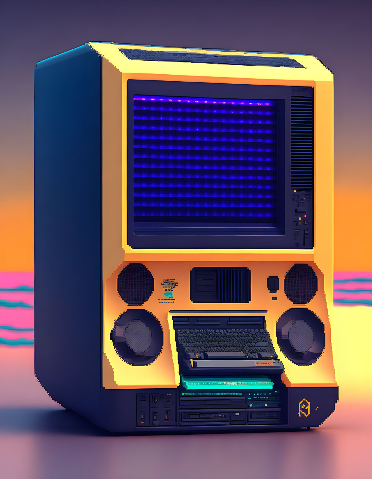 Retro-futuristic boombox with grid-patterned screen and sunset backdrop