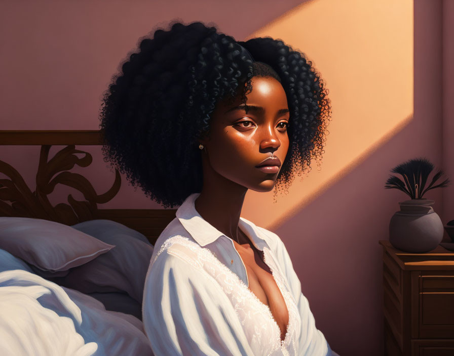 Digital artwork: Woman with curly hair on bed in warm light, white shirt.