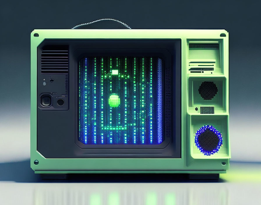 Vintage Portable TV with Glowing Blue Digital Pattern