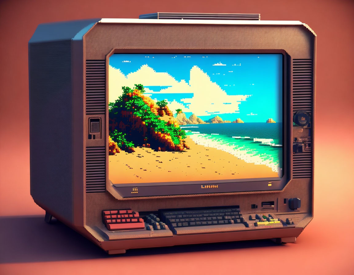 Vintage Computer Displaying Pixelated Beach Scene on Pink Background