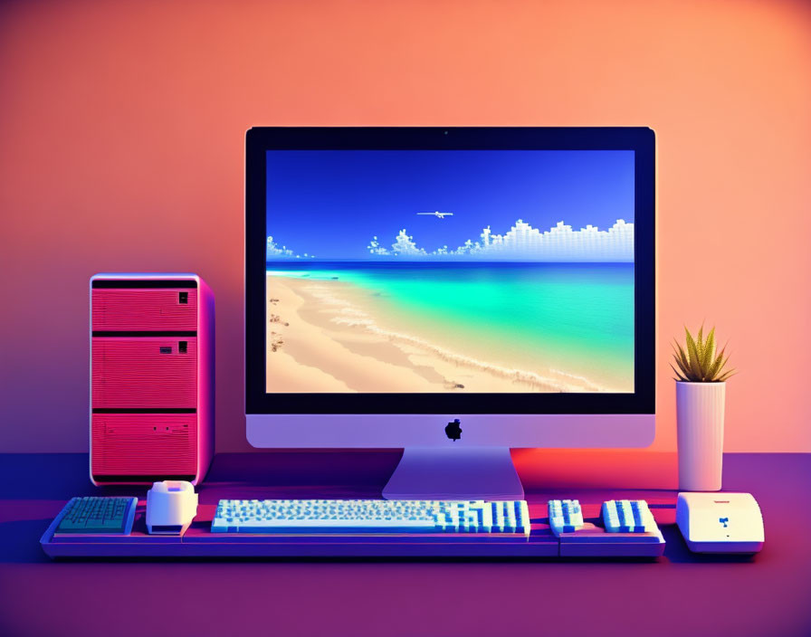 Pink computer tower, keyboard, beach scene monitor, white mouse, potted plant on vibrant desktop.