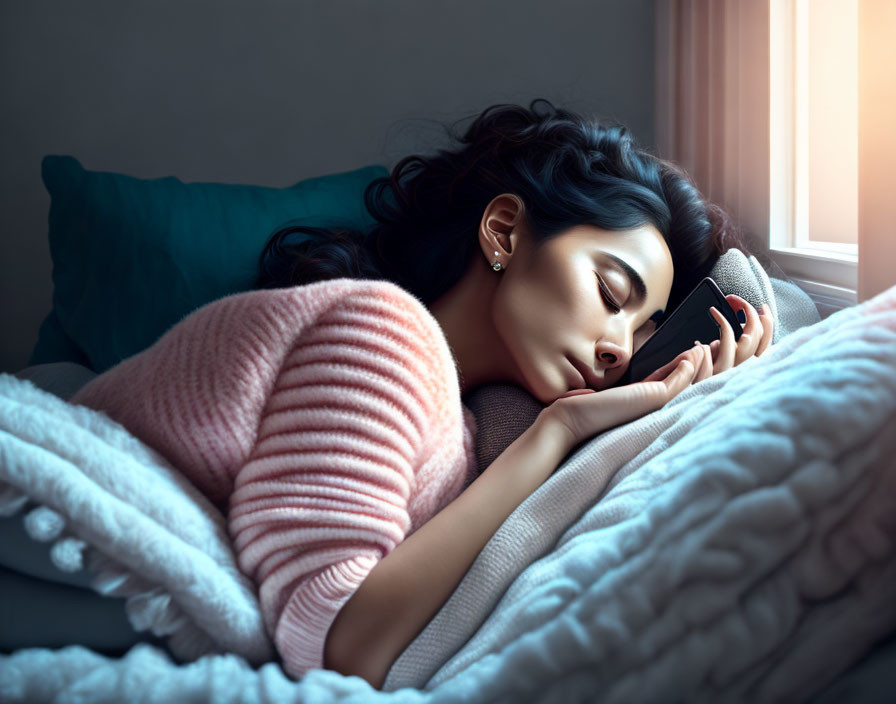 Woman sleeping in bed with smartphone in hand and daylight through window