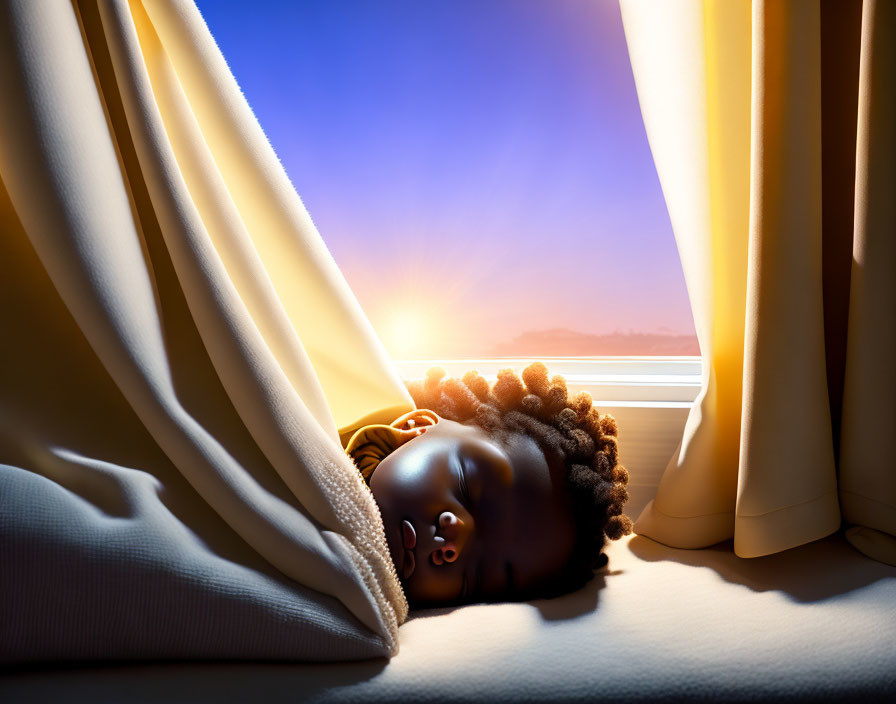 Child peacefully sleeping beside partially open curtains at sunrise or sunset