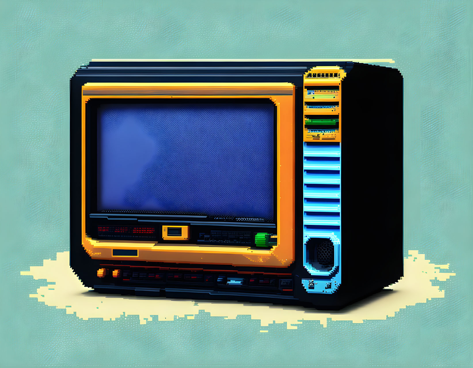 Pixel Art of Vintage Television with Colorful Dials on Textured Background