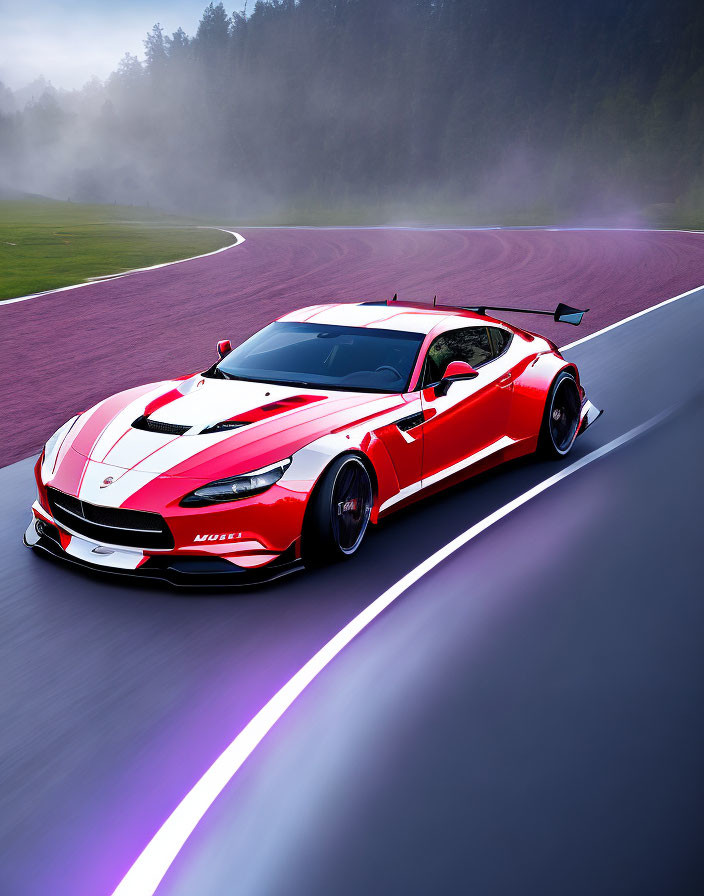 Red and White Sports Car with Racing Stripes on Track in Foggy Setting