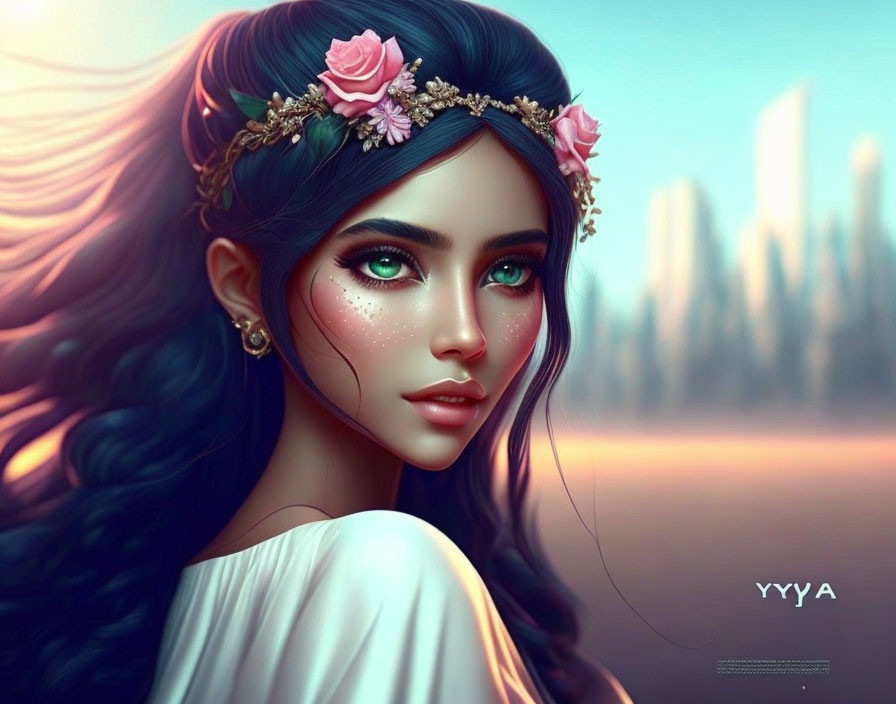 Female Illustration: Vibrant Green Eyes, Long Wavy Blue Hair, Floral Crown