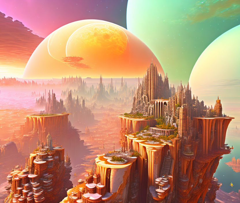 Fantastical landscape with towering rock formations and elaborate castles