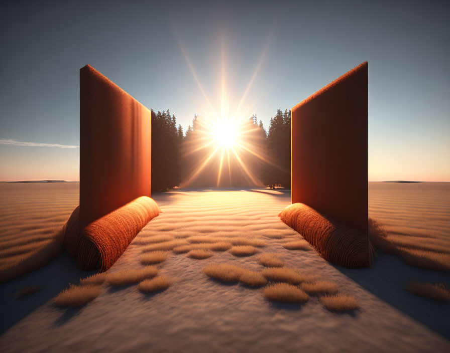 Sunset Viewed Through Open Book Pages on Sandy Surface