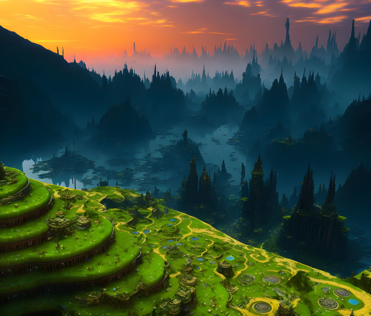 Terraced green hills and dark spires under a sunset sky