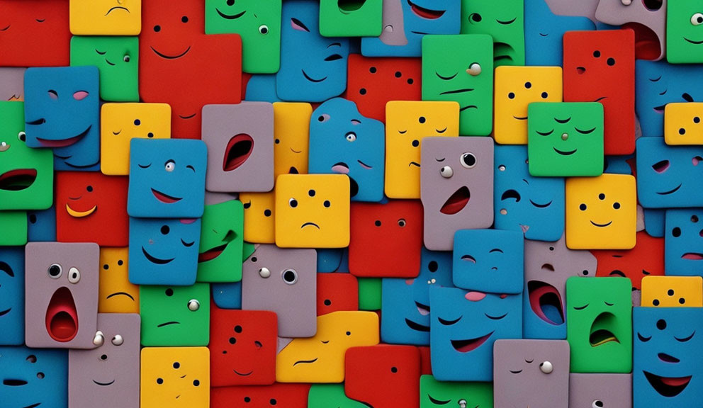 Vibrant cartoon faces on rectangular blocks showcasing different expressions