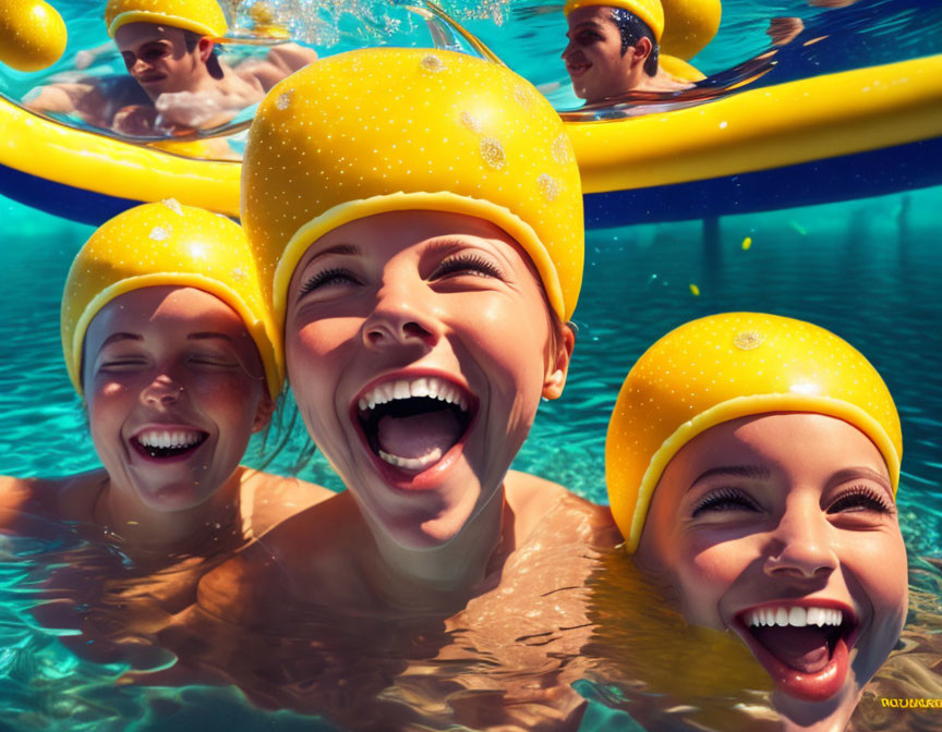 Vibrant pool scene with people in yellow swim caps