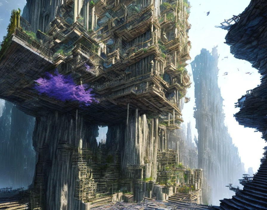 Ancient structures and towering stone pillars in a fantastical landscape