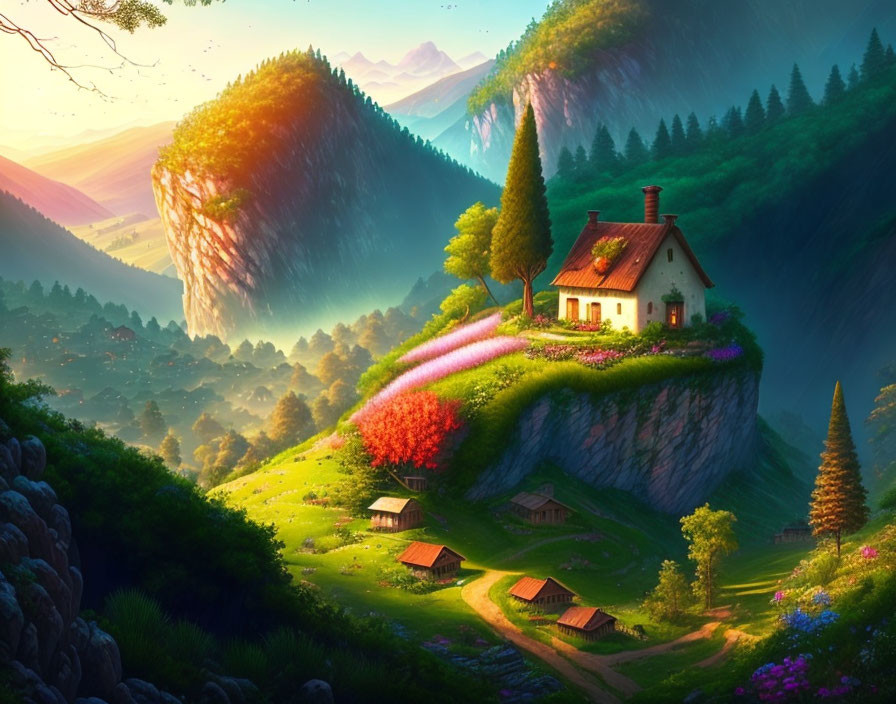 Idyllic landscape: quaint house on grassy hill, lush trees, colorful flowers, floating mountains