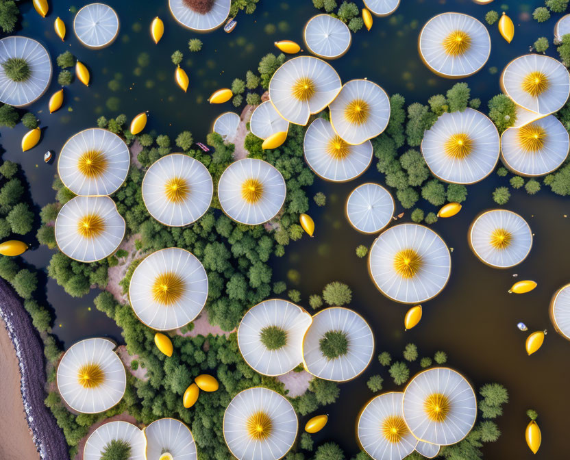 Circular platforms and yellow boats on pond with greenery - aerial view