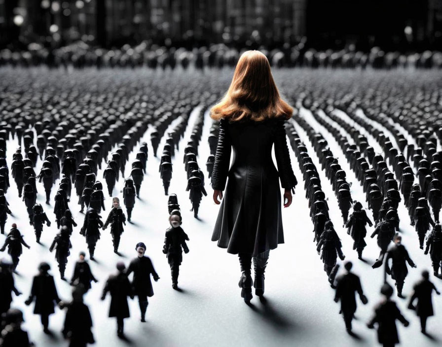 Red-haired woman confronts army of miniature soldiers in monochrome setting