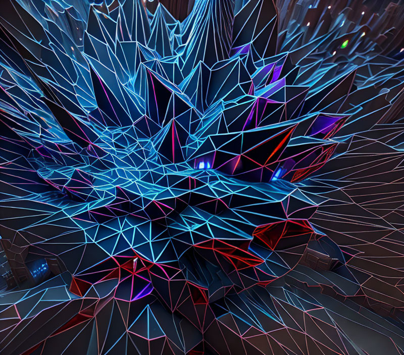 Neon-lit geometric shapes exploding in abstract digital art