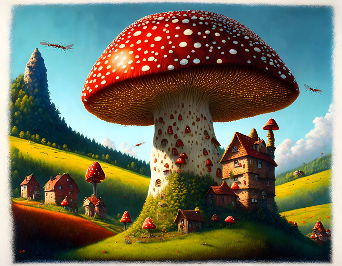 Fantastical landscape featuring oversized red-capped mushrooms, white spots, housing structures, green hills,