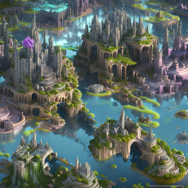 Fantastical city with towering spires and lush greenery