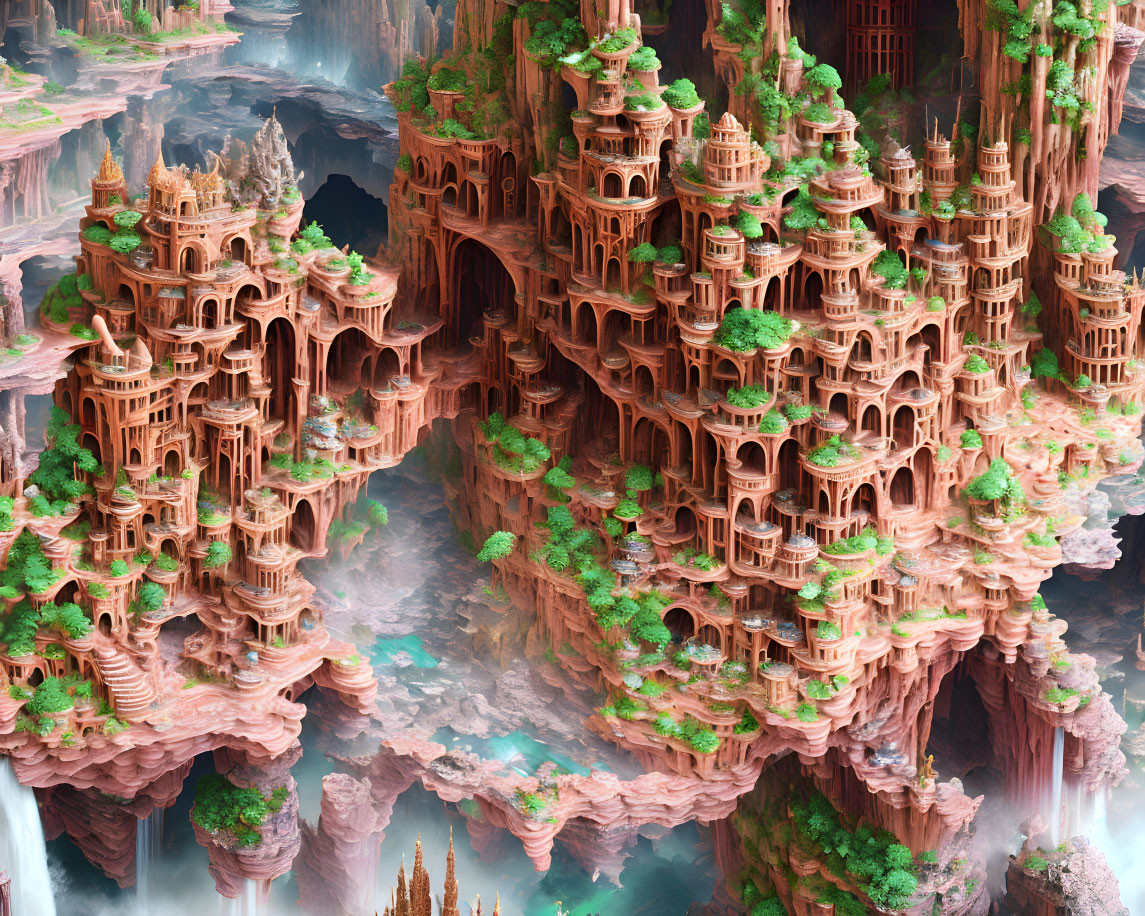 Fantasy landscape with towering cliffside structures and waterfalls