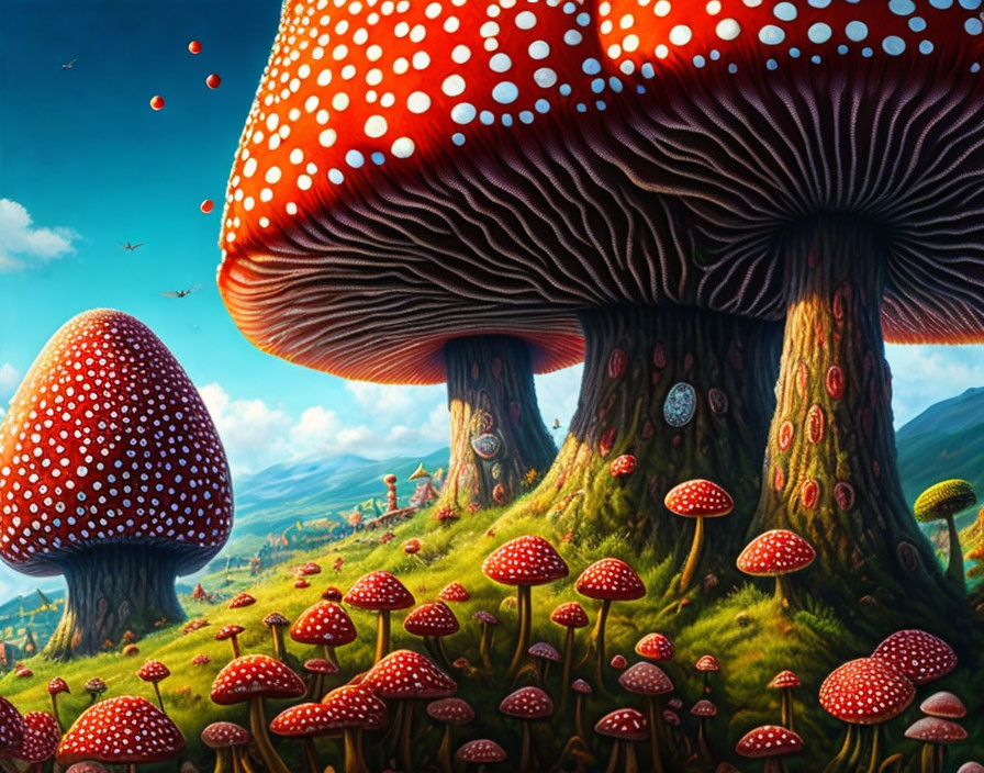 Vivid landscape featuring oversized red-capped mushrooms and lush greenery