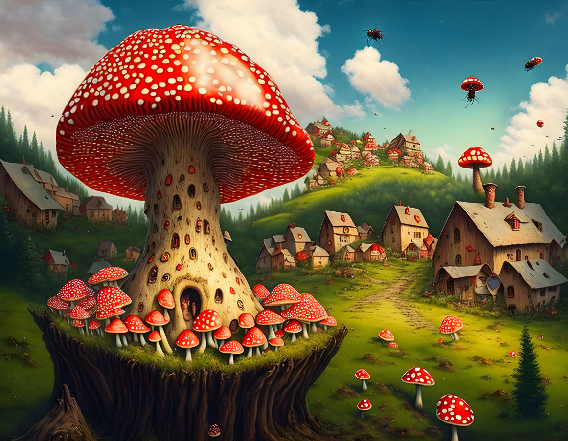 Giant red mushroom and flying bees in whimsical landscape