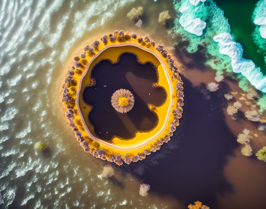 Circular Island with Central Structure Surrounded by Water and Yellow Foliage Patterns