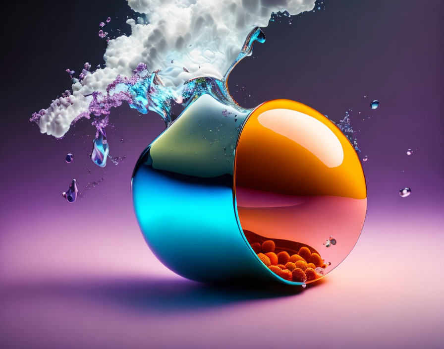 Colorful Spherical Capsule Spilling White Liquid on Purple Background