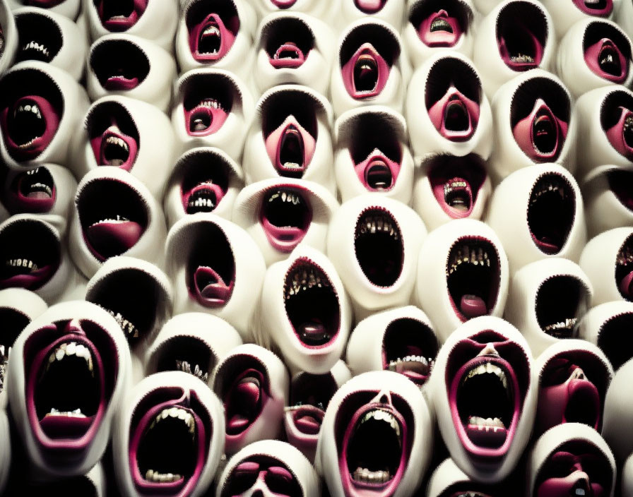 Pattern of identical screaming faces with open mouths