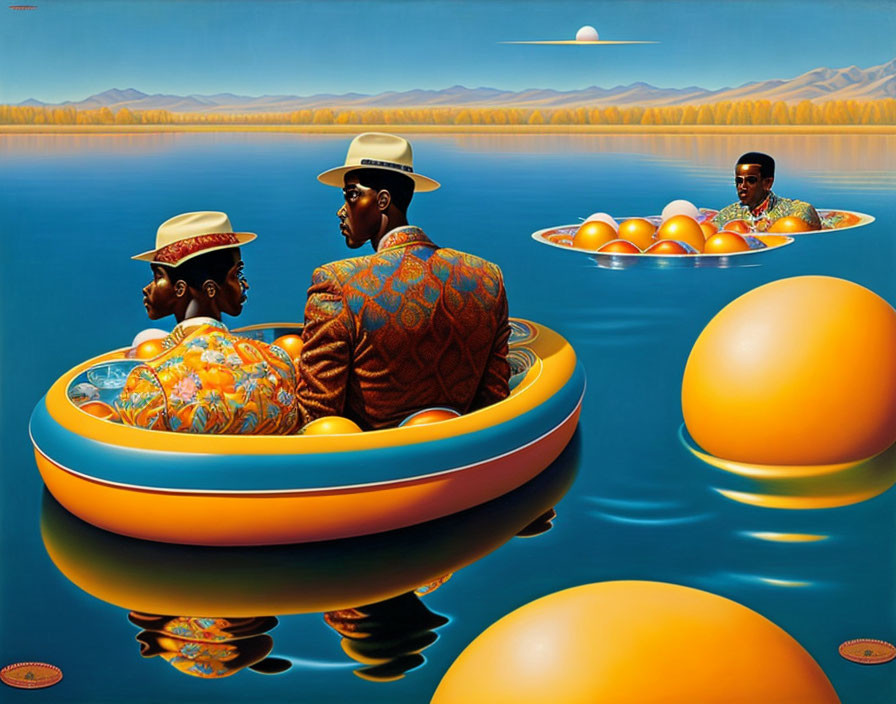 Three individuals in hats and suits on vibrant boats surrounded by orange spheres on calm blue water