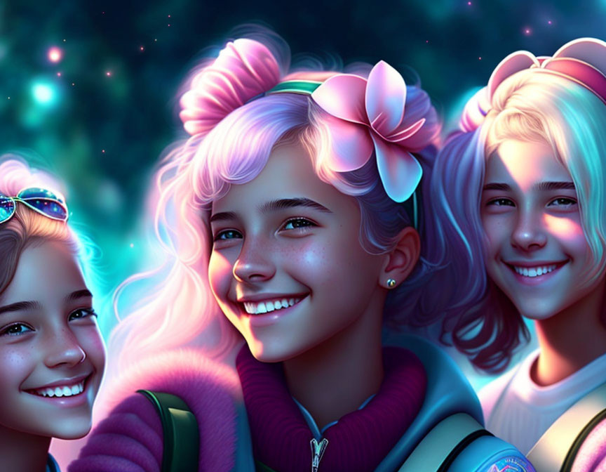 Three animated girls with pink hair highlights in a magical nighttime setting