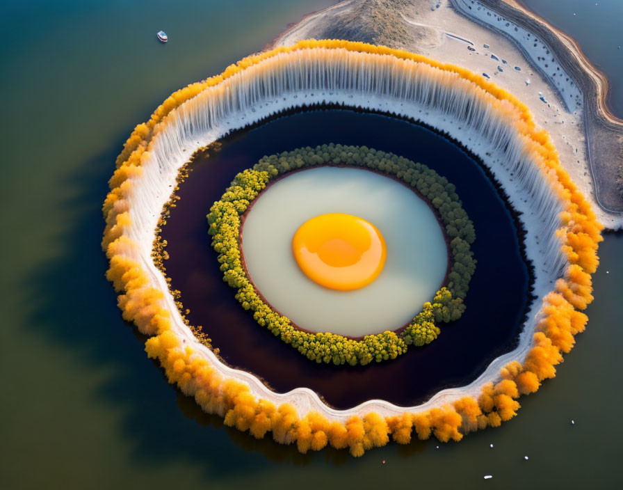 Circular Island Resembling Fried Egg with Orange Foliage