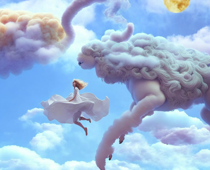 Fantasy artwork: Woman in white floating to cloud-shaped ram under blue sky.