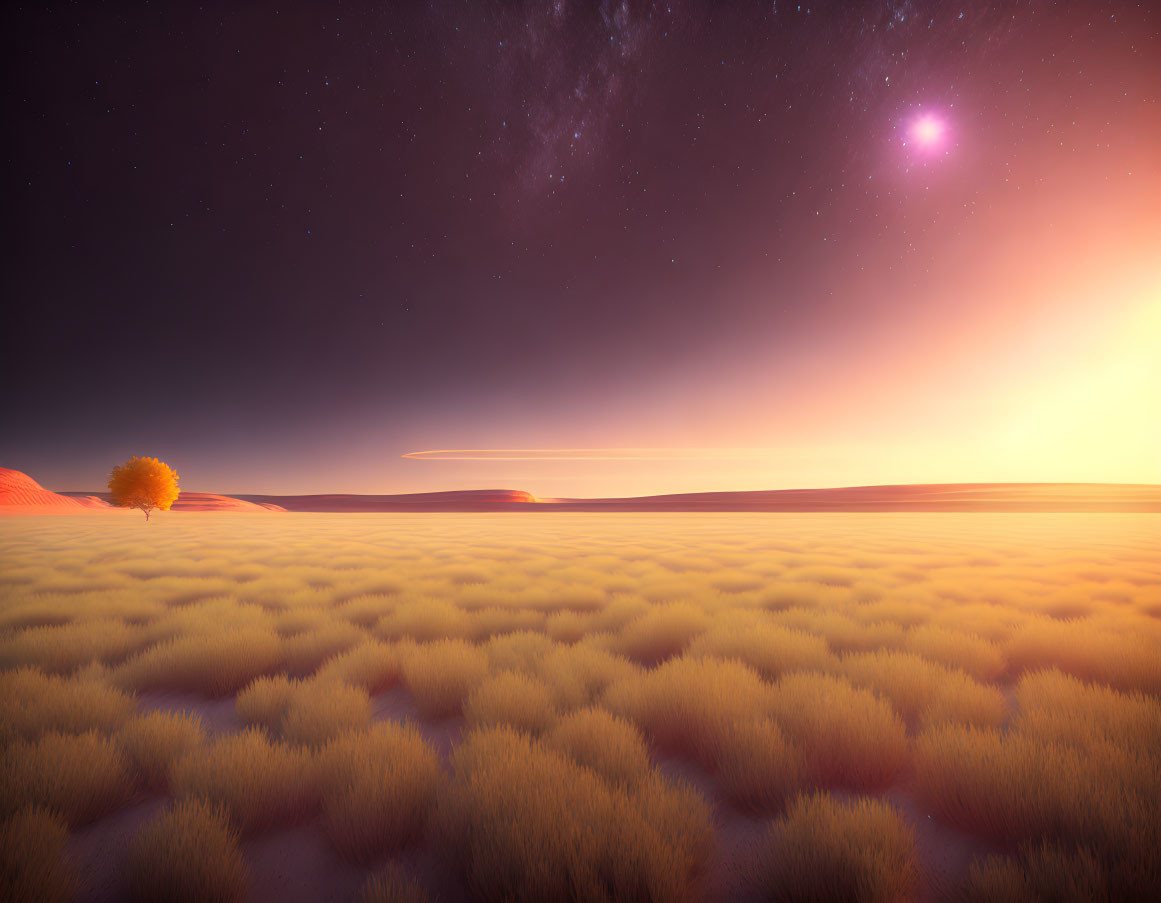 Lone tree in golden grass under starlit sky at sunrise or sunset