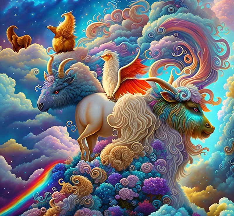 Fantasy artwork: mythological creatures, phoenix, goat, swirling clouds, rainbow sky