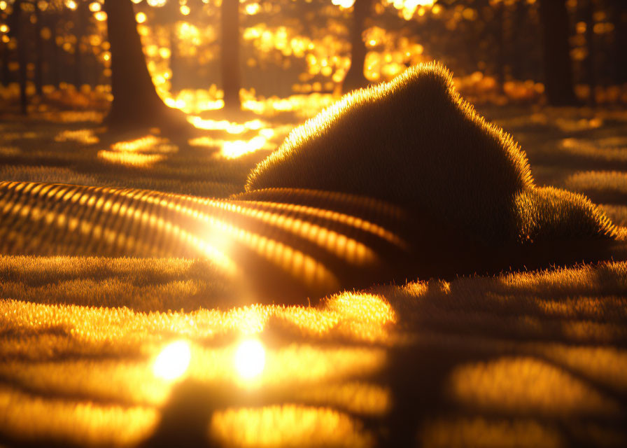 Sunlit forest scene with long shadows and textured grass.