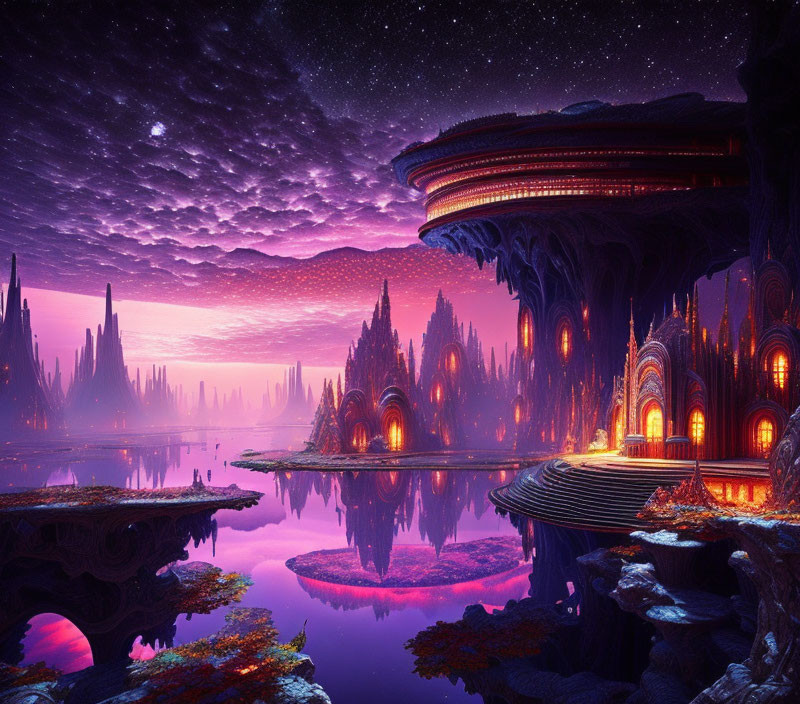 Fantastical dusk landscape with alien structure, reflective water, and purple star-filled sky