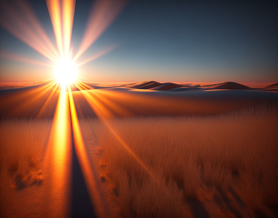 Vibrant sunrise over sand dunes with long shadows and sunlight rays illuminating tall grass