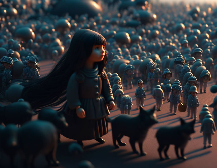 Girl with long black hair in surreal, dimly-lit scene among uniformed figures and pigs