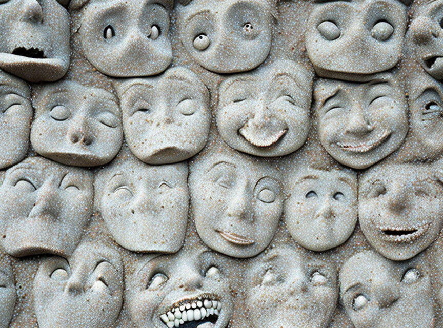 Stone faces with various expressions on sandy textured wall