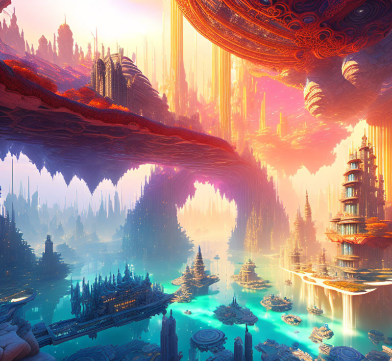 Fantastical cityscape with floating islands and glowing water