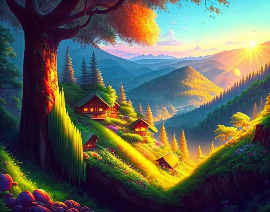 Vibrant mountain landscape with cabins, forests, meadows at sunrise