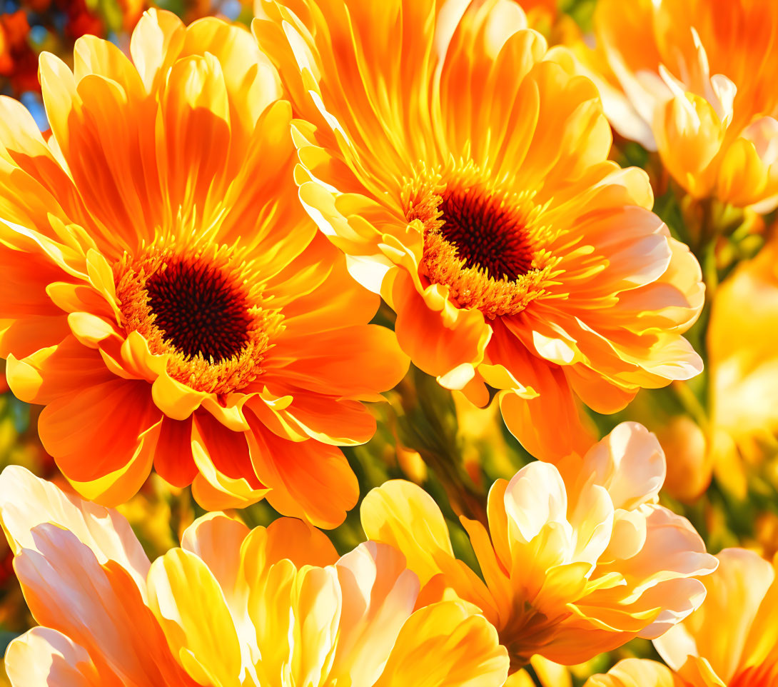 Bright Orange Gerbera Daisies with Yellow Petals and Red Centers on Sunny Background