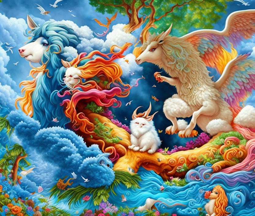 Colorful unicorns, playful bunnies, and rainbow landscape in vibrant fantasy scene