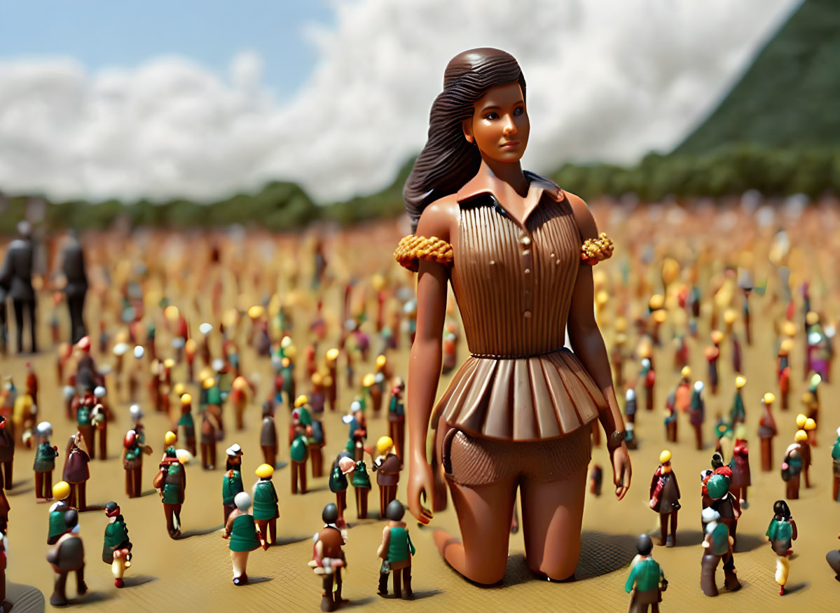 Diverse small figurines with large standout figurine outdoors