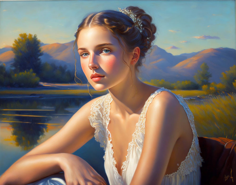 Portrait of young woman in white dress by calm river at golden hour