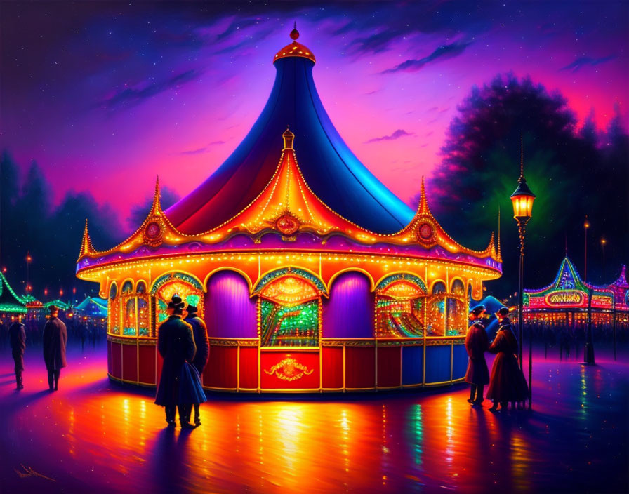 Colorful Carousel Glows in Twilight Amusement Park