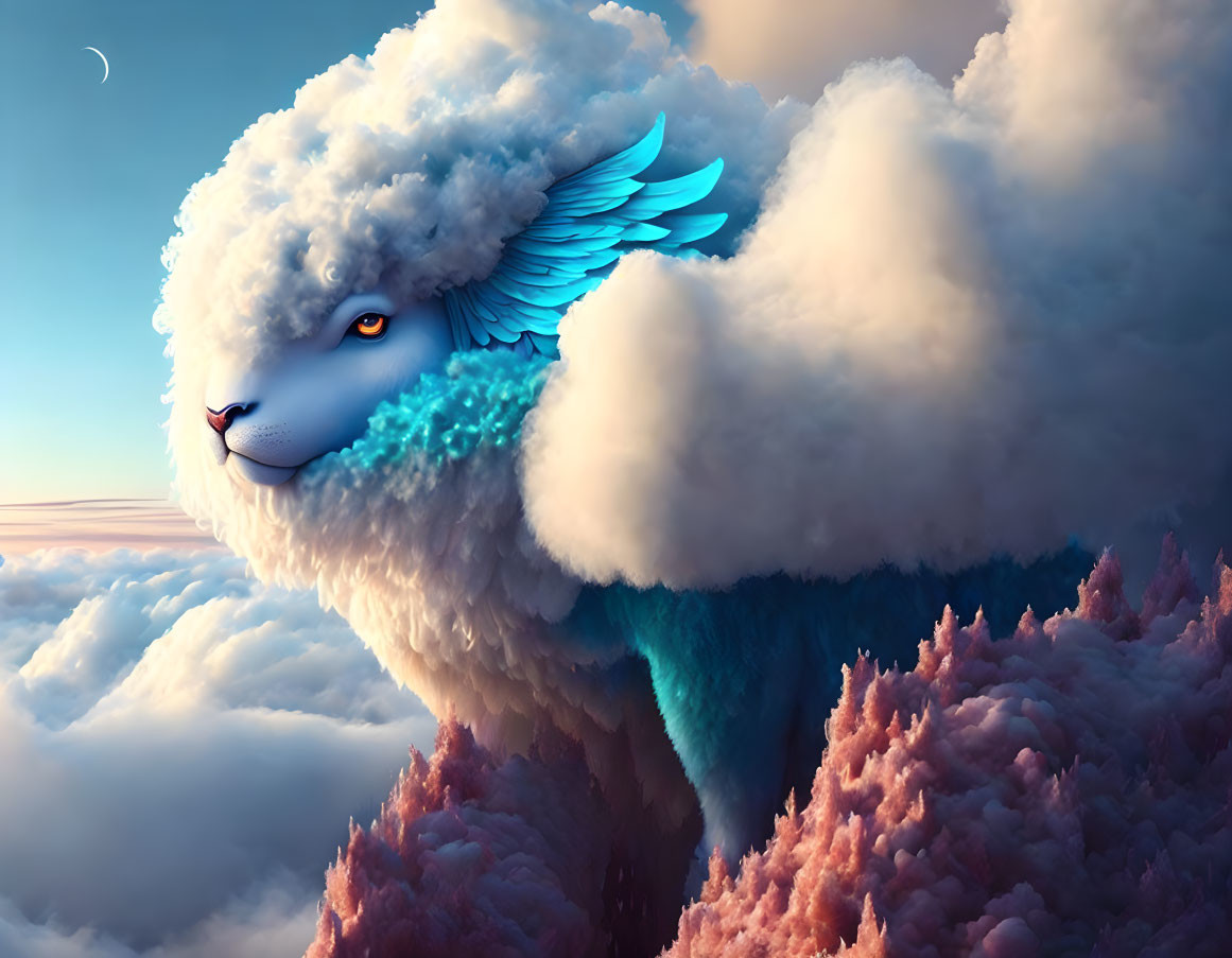 Surreal sheep with cloud wool and blue wings in dreamy sky