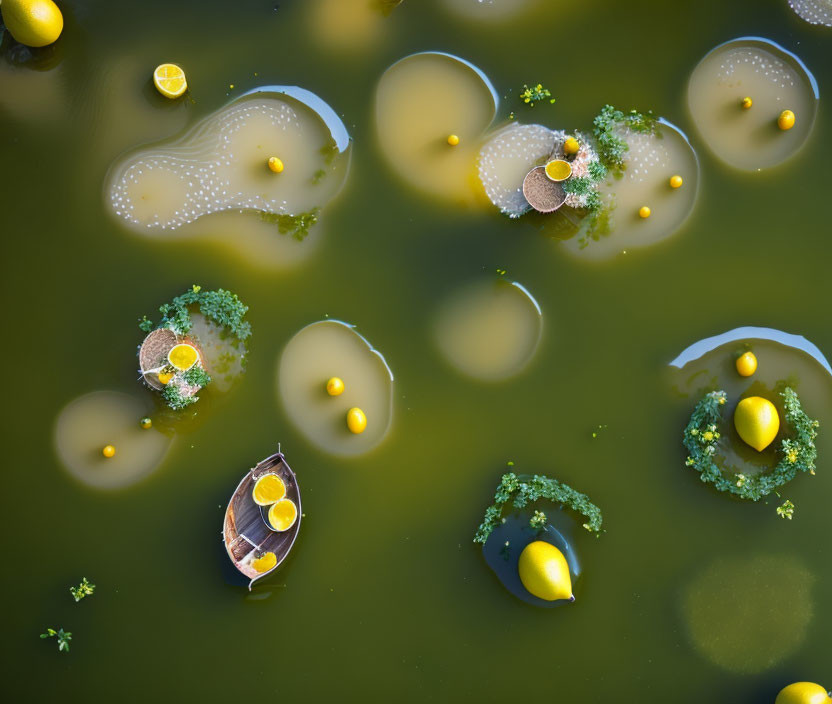 Boat surrounded by lemon slices on green water with circular patterns