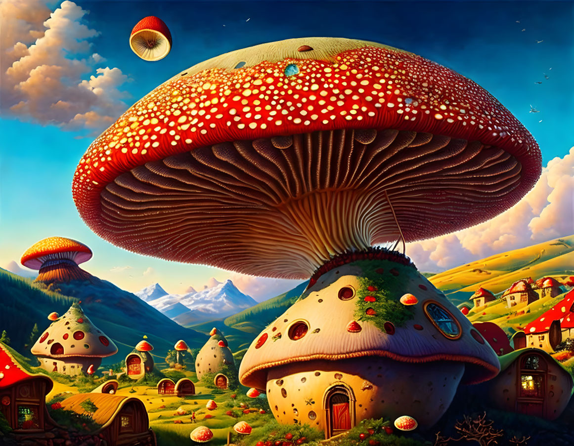 Fantasy landscape with oversized mushroom houses and whimsical sky.